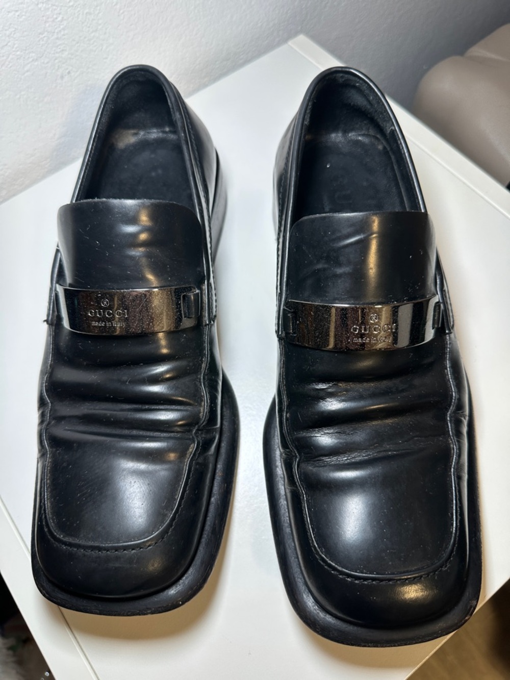 Gucci Black Leather Men’s Loafers with Branded Metal Bit Square Toe Size 6E